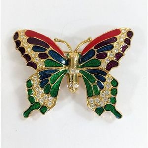 Butterfly Shaped Multi Colored Enamel And Rhinestone Brooch